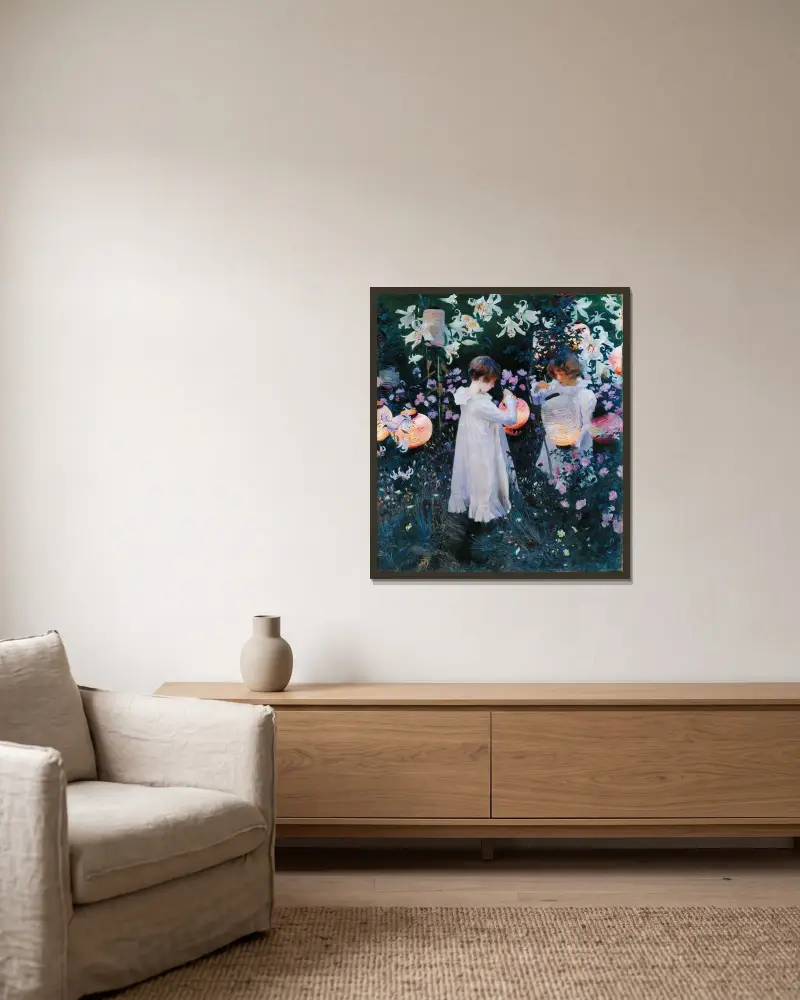 Nelken, Lilien, Lilien, Rosen von John Singer Sargent gerahmt an einer Wand