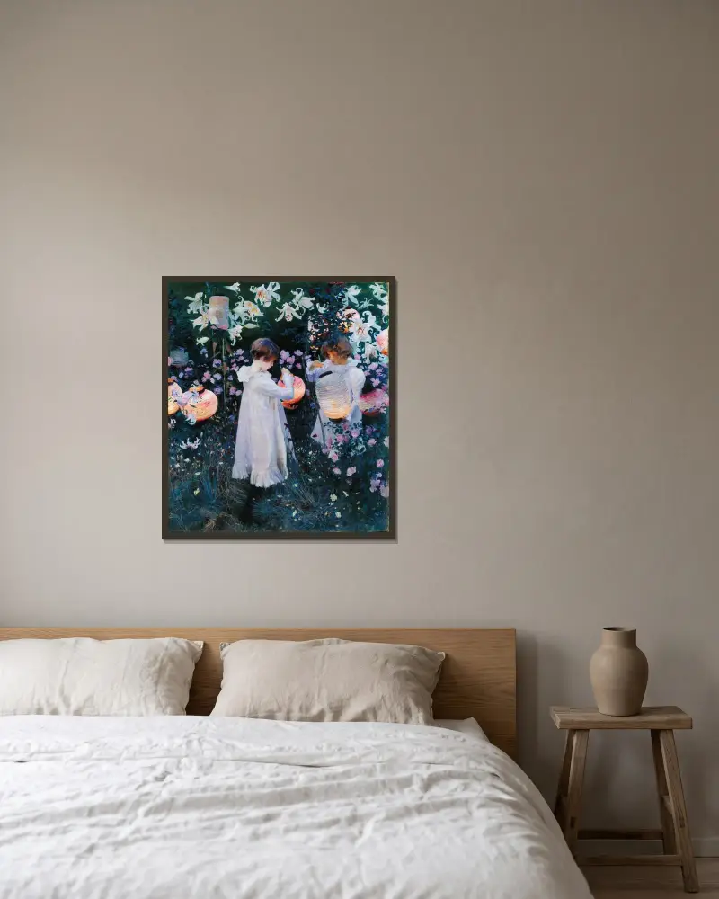 Nelken, Lilien, Lilien, Rosen von John Singer Sargent gerahmt an einer Wand