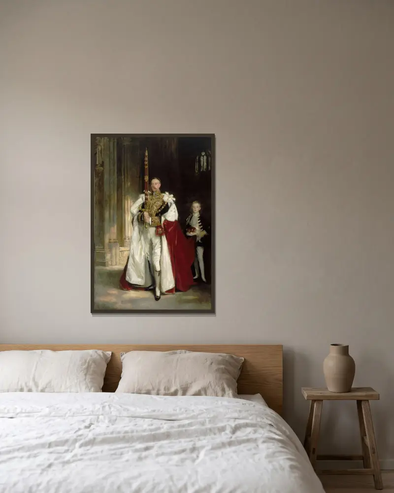 Charles Stewart, sjätte markisen av Londonderry, bärande rikssvärdet vid kröningen av John Singer Sargent inramad på en vägg