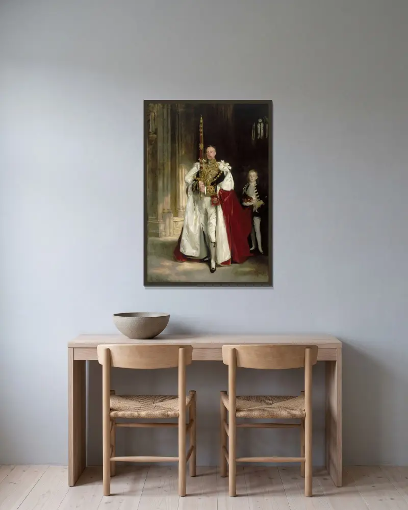 Charles Stewart, sjätte markisen av Londonderry, bärande rikssvärdet vid kröningen av John Singer Sargent inramad på en vägg