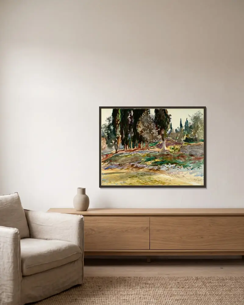 Cypresser vid San Vigilio, Gardasjön av John Singer Sargent inramad på en vägg