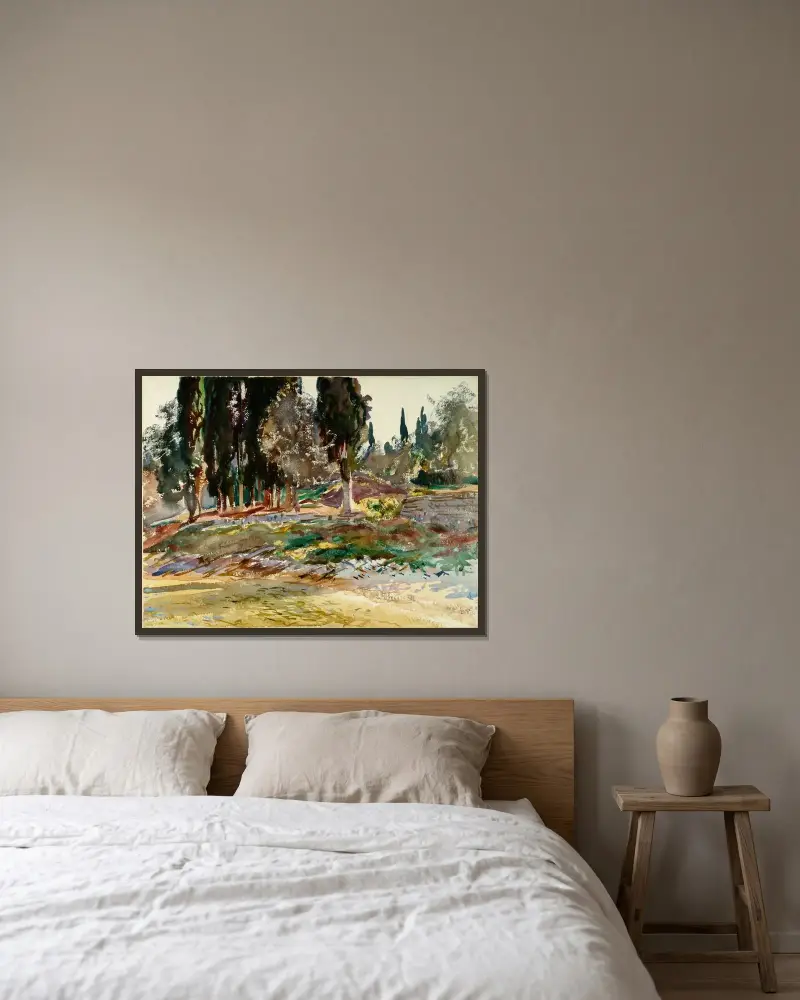 Cypresser vid San Vigilio, Gardasjön av John Singer Sargent inramad på en vägg