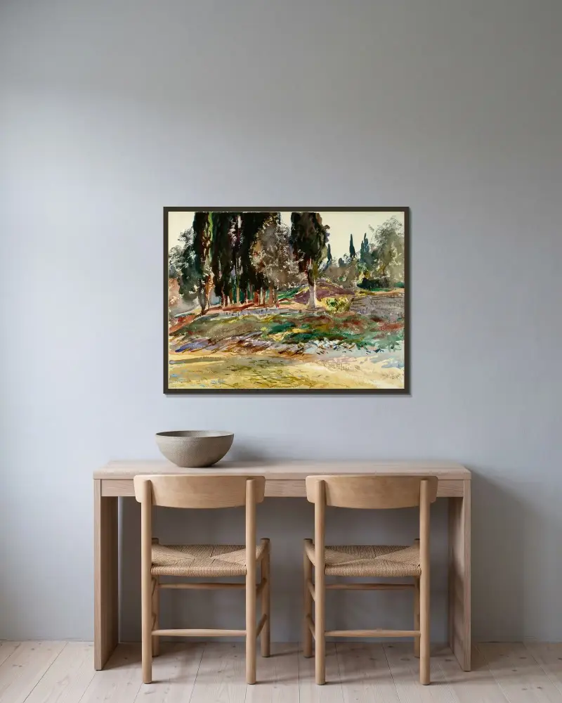Cypresser vid San Vigilio, Gardasjön av John Singer Sargent inramad på en vägg