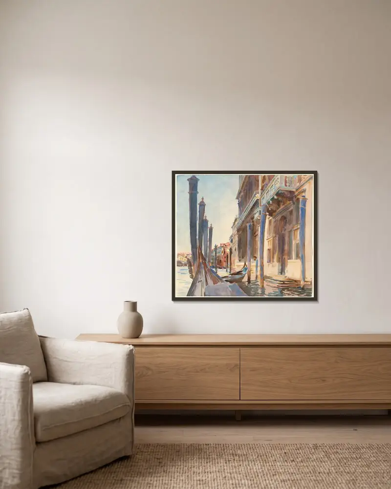 Gondolförtöjningar på Canal Grande av John Singer Sargent inramad på en vägg
