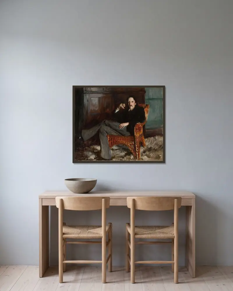 Robert Louis Stevenson av John Singer Sargent inramad på en vägg