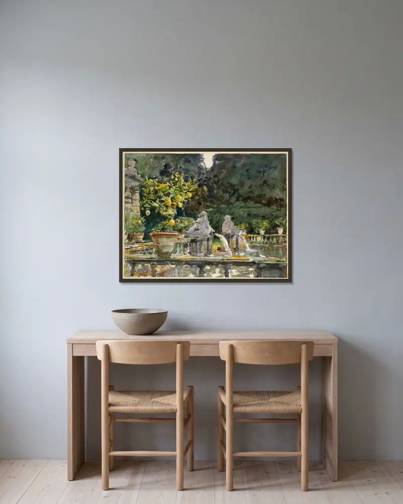 Villa di Marlia, Lucca; en fontän av John Singer Sargent inramad på en vägg