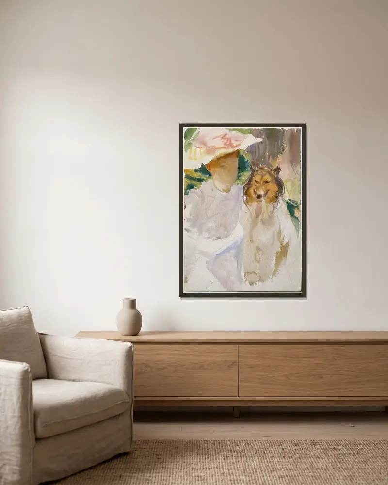 Frau mit Collie von John Singer Sargent gerahmt an einer Wand