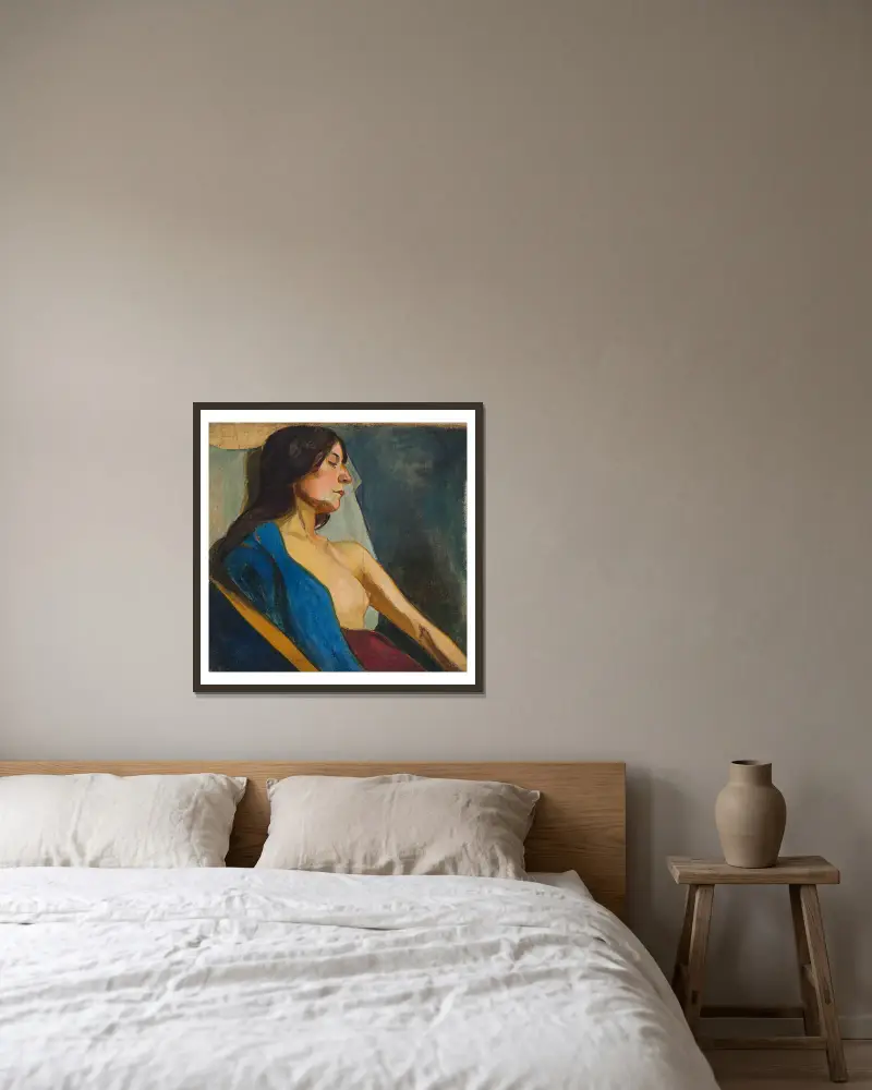 Weiblicher Halbakt mit blauem Schal von Władysław Ślewiński gerahmt an einer Wand