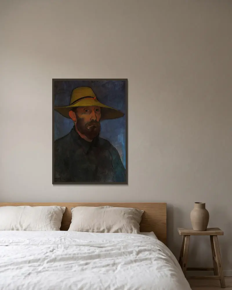Self-portrait in a straw hat av Władysław Ślewiński inramad på en vägg