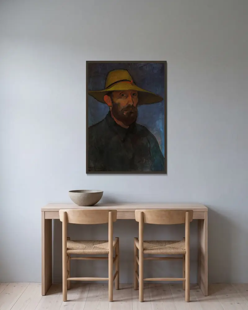 Self-portrait in a straw hat av Władysław Ślewiński inramad på en vägg