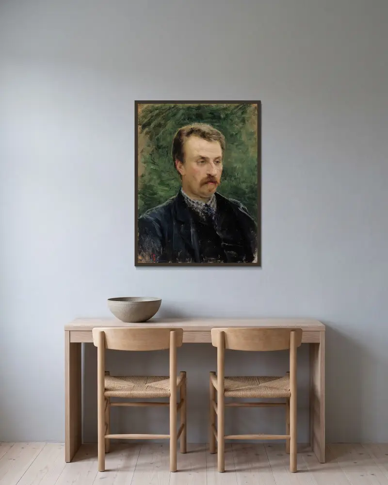 Porträtt av Juhani Aho, 1891 av Venny Soldan-Brofeldt inramad på en vägg