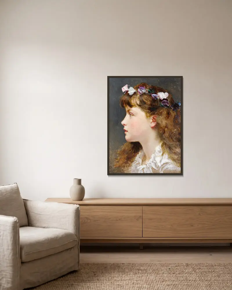 Ung flicka med blomsterkrans i håret av Sophie Anderson inramad på en vägg