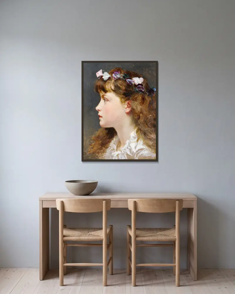 Ung flicka med blomsterkrans i håret av Sophie Anderson inramad på en vägg
