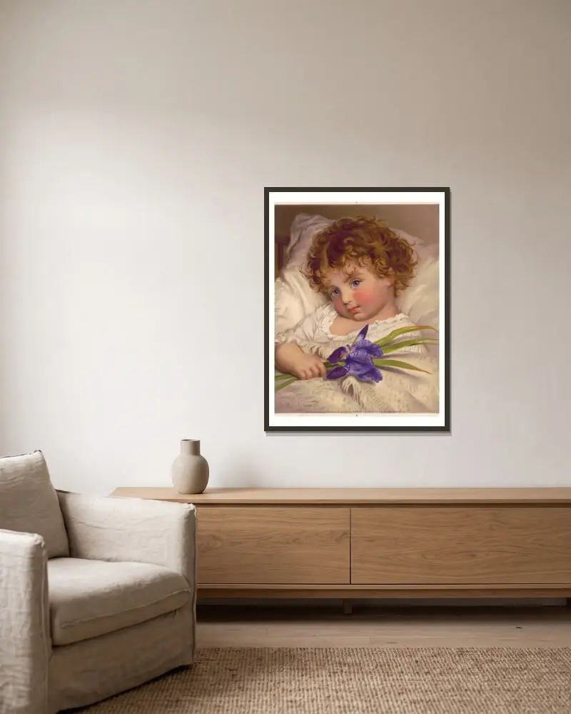 Idols of our home. No. 1 Prattling primrose av Sophie Anderson inramad på en vägg