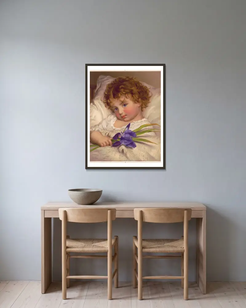 Idols of our home. No. 1 Prattling primrose av Sophie Anderson inramad på en vägg