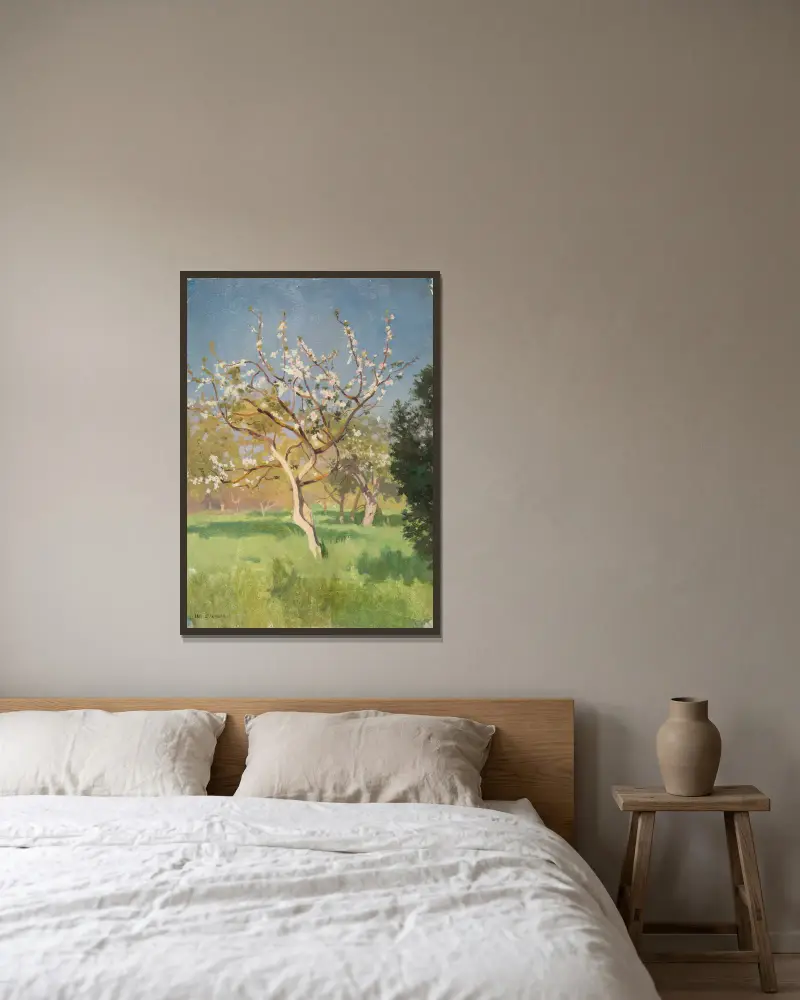 Apfelbaum in Blüte von Jan Stanisławski gerahmt an einer Wand