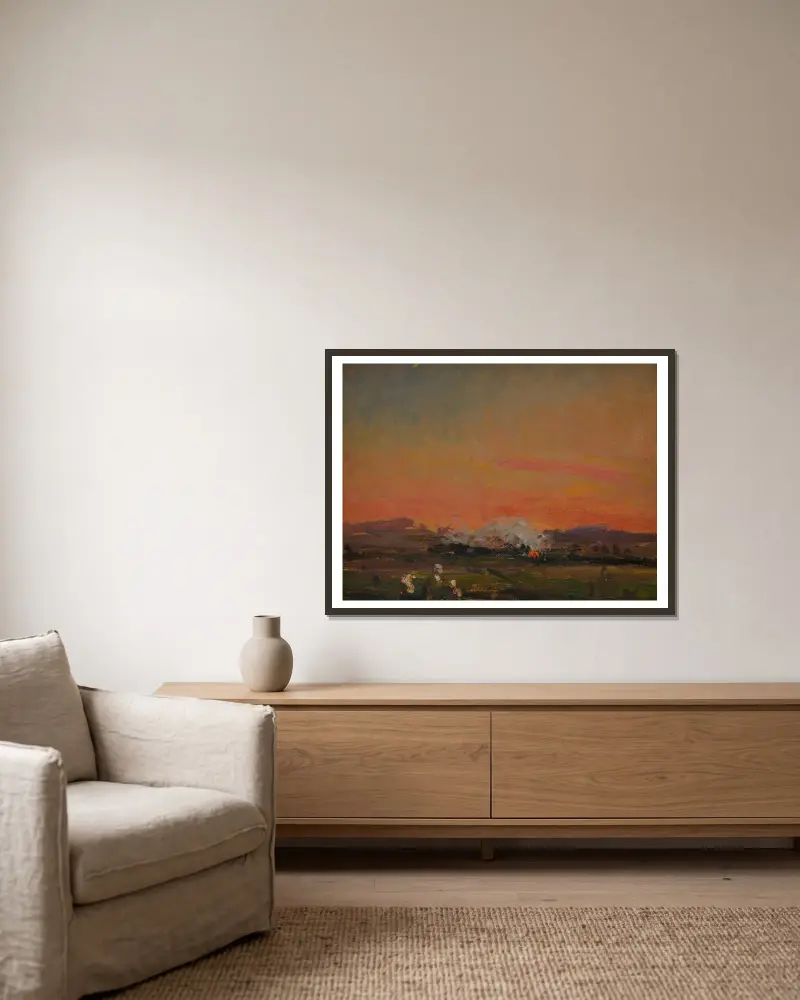 Auf dem Feld (Sonnenuntergang in der Ukraine) von Jan Stanisławski gerahmt an einer Wand