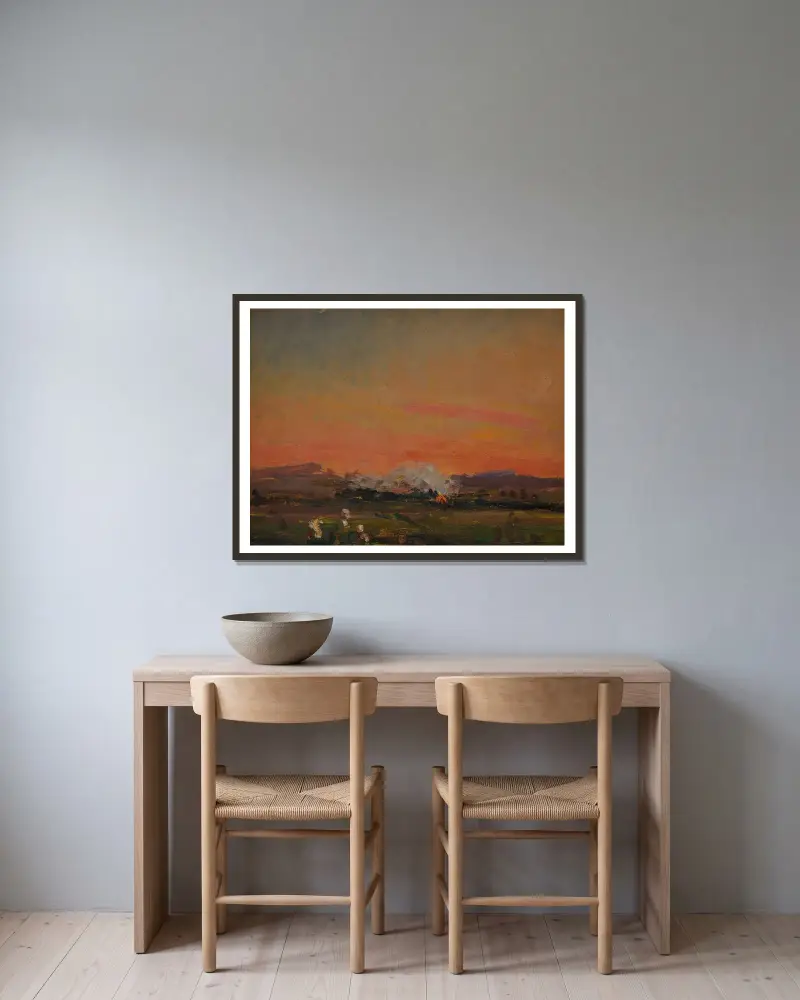 Auf dem Feld (Sonnenuntergang in der Ukraine) von Jan Stanisławski gerahmt an einer Wand