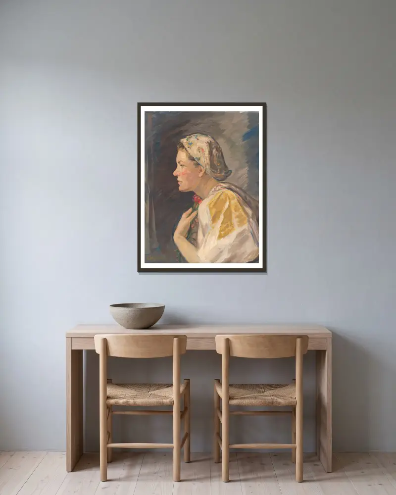 Flicka i huva av Štefan Polkoráb inramad på en vägg