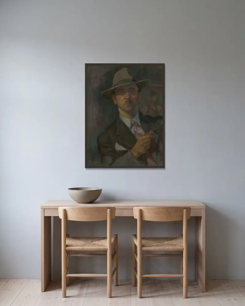 Selbstporträt von Štefan Polkoráb gerahmt an einer Wand