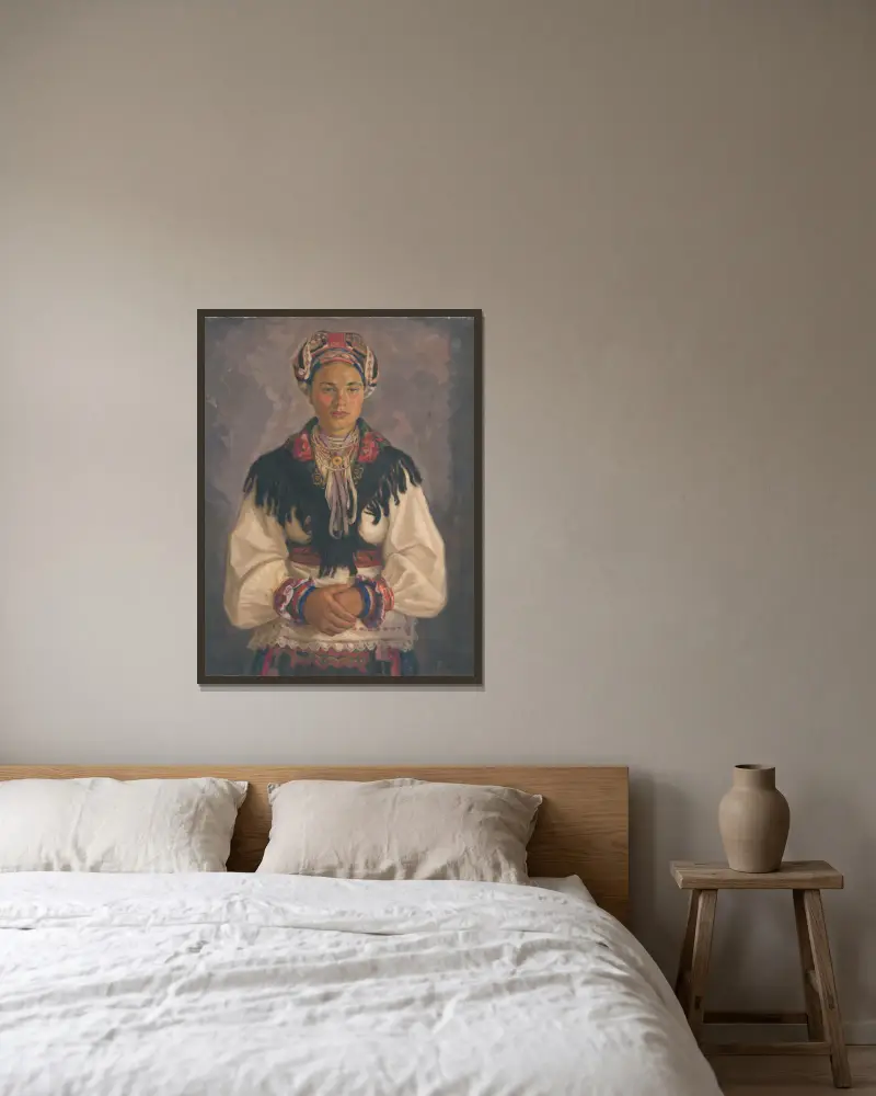 Kvinna från Pohronie i sorg av Štefan Polkoráb inramad på en vägg