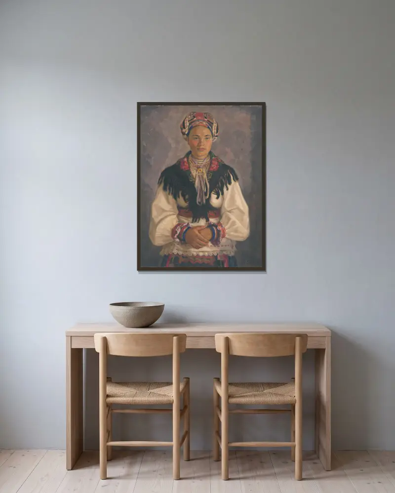 Kvinna från Pohronie i sorg av Štefan Polkoráb inramad på en vägg
