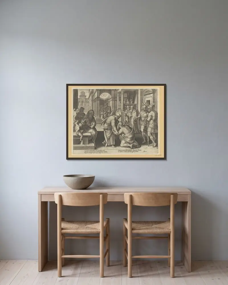 Cornelius Kneeling Before St Peter av Jan van der Straet (Stradanus) inramad på en vägg
