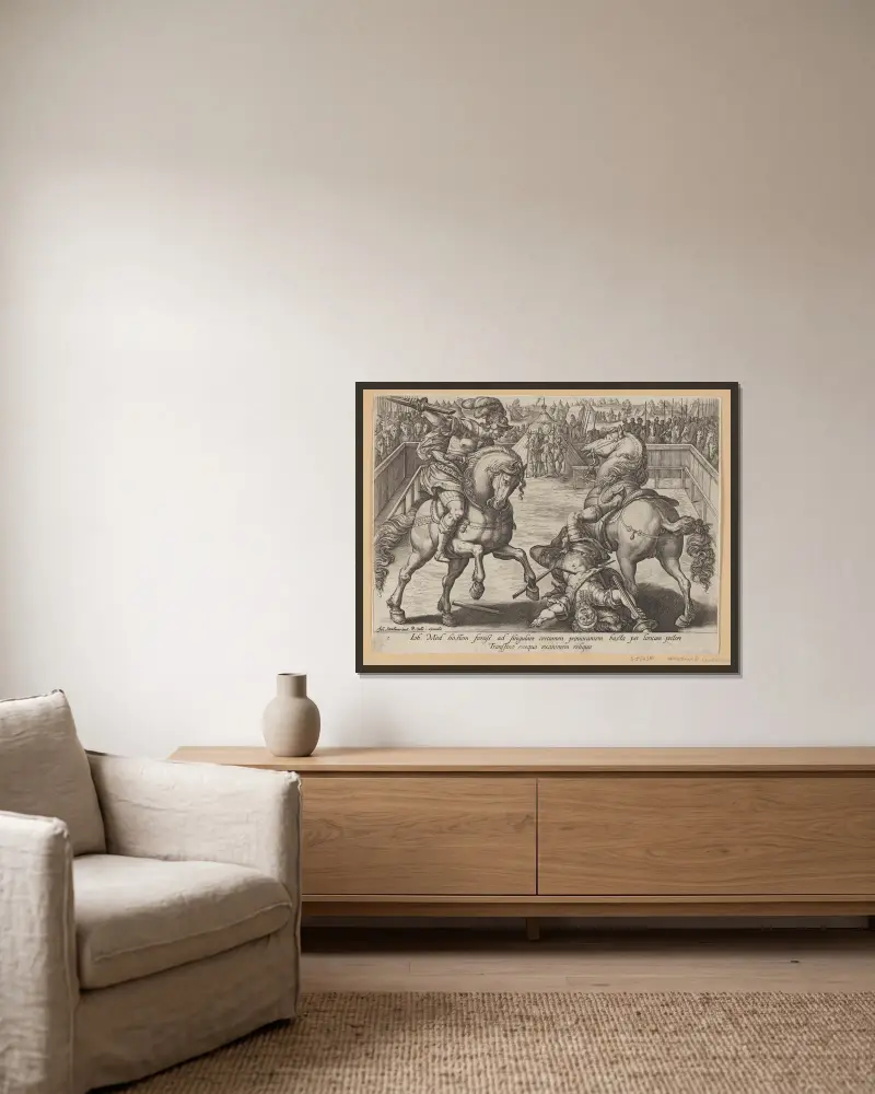 Giovanni De’ Medici in a Duel av Jan van der Straet (Stradanus) inramad på en vägg
