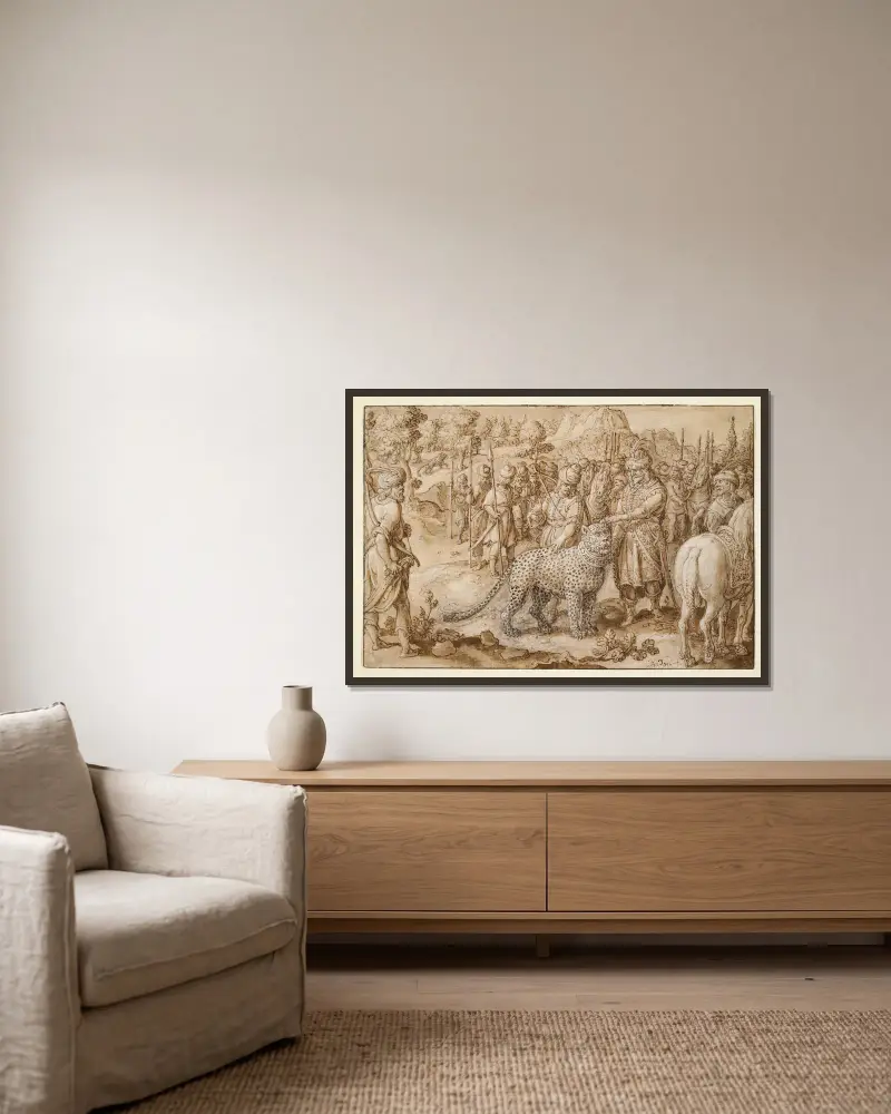 König Arsakes opfert Dionysos einen Panther von Jan van der Straet (Stradanus) gerahmt an einer Wand