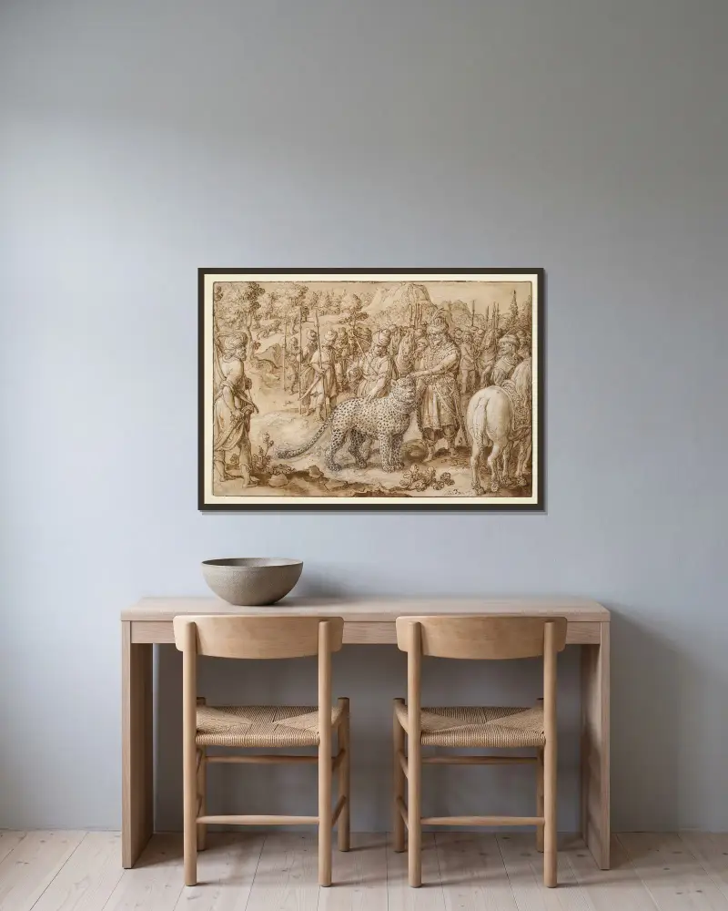 König Arsakes opfert Dionysos einen Panther von Jan van der Straet (Stradanus) gerahmt an einer Wand