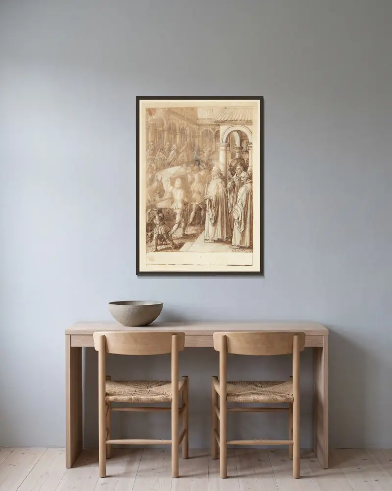 S Giovanni Alberti Fiorentinos historie Helgenen anklager på torvet biskopperne af Firenze for simoni av Jan van der Straet (Stradanus) inramad på en vägg
