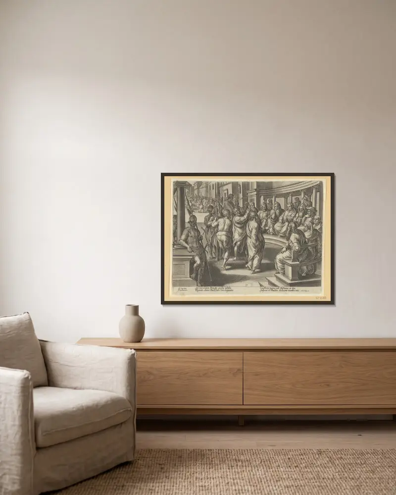 St Paul Before The High Priest av Jan van der Straet (Stradanus) inramad på en vägg