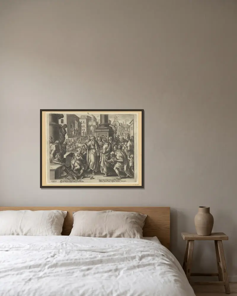 Paulus botar en lam man i Lystra av Jan van der Straet (Stradanus) inramad på en vägg