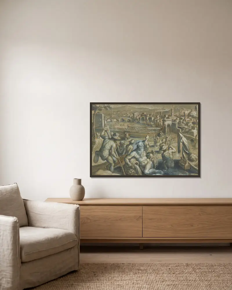 The Arno with Fishermen av Jan van der Straet (Stradanus) inramad på en vägg