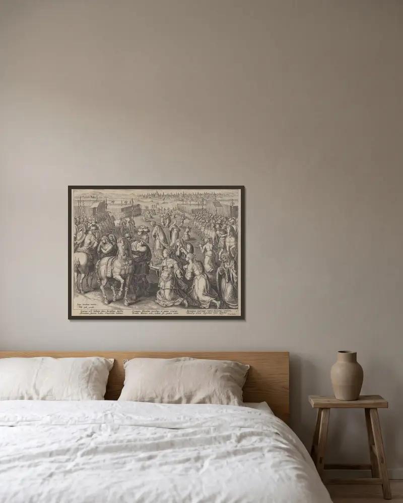 Die Sabinerinnen stiften Frieden von Jan van der Straet (Stradanus) gerahmt an einer Wand