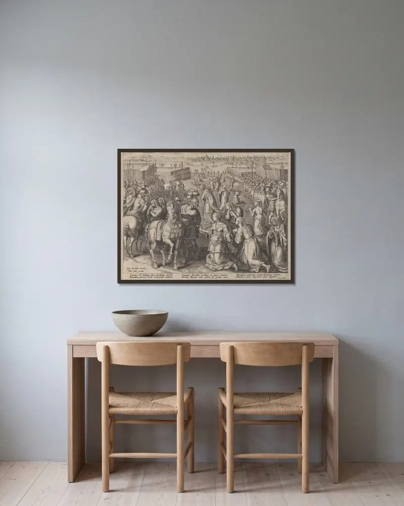 Die Sabinerinnen stiften Frieden von Jan van der Straet (Stradanus) gerahmt an einer Wand