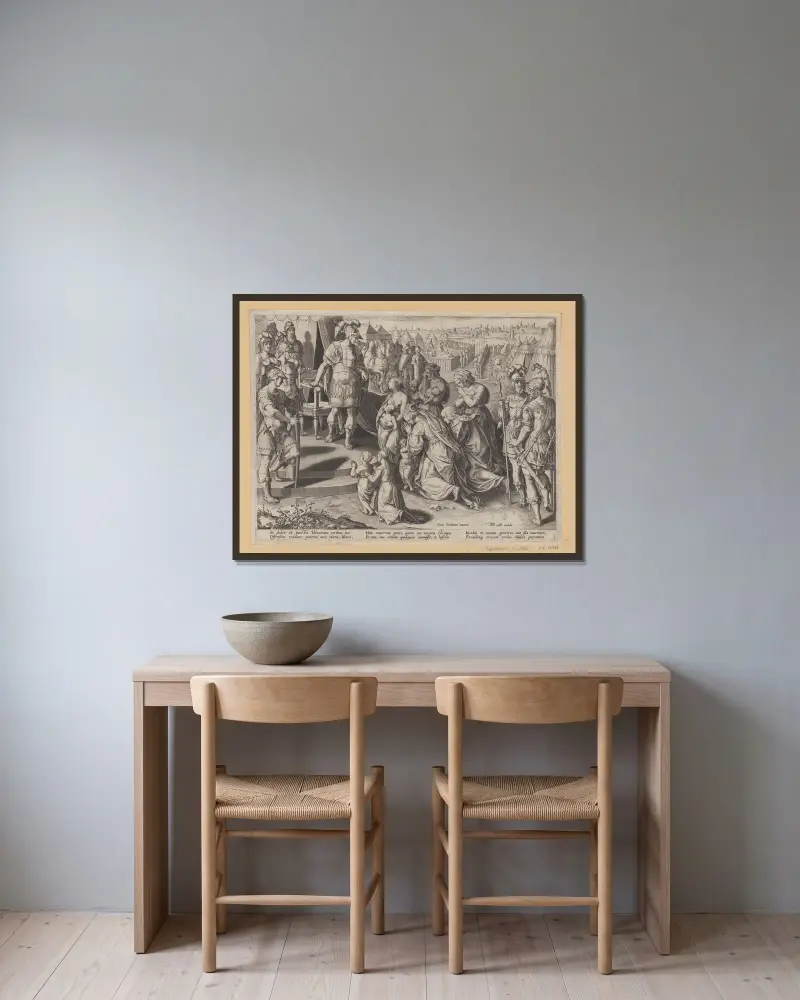 Veturia och Volumnia bönfaller Coriolanus av Jan van der Straet (Stradanus) inramad på en vägg