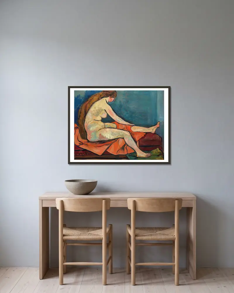 Nu assis de profil av Suzanne Valadon inramad på en vägg