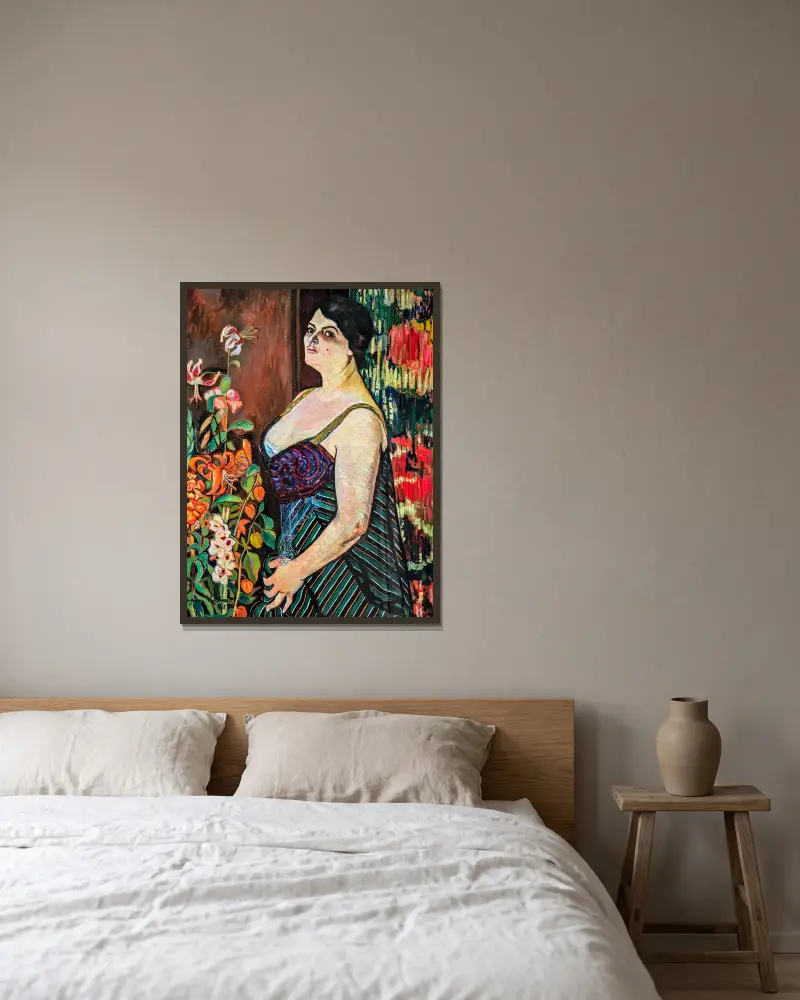 Portrait de Mauricia Coquiot av Suzanne Valadon inramad på en vägg