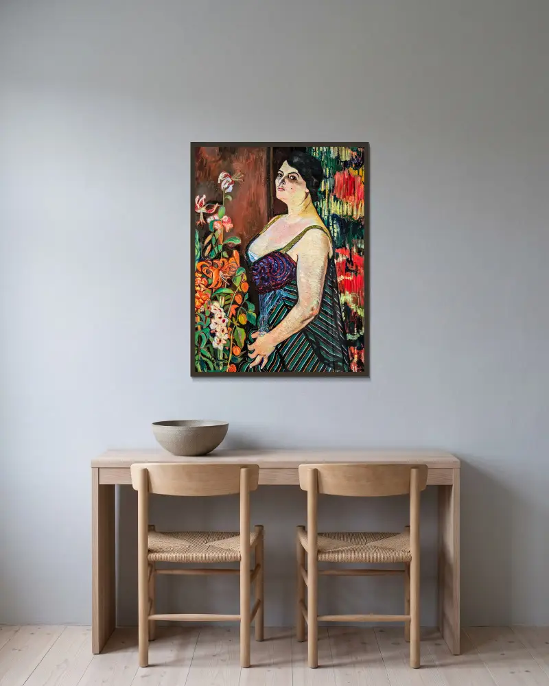 Portrait de Mauricia Coquiot av Suzanne Valadon inramad på en vägg