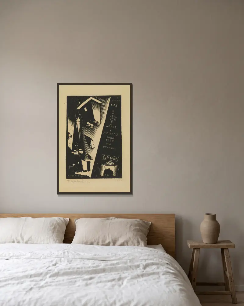Einladung zur Weihnachtskrippe der Kunstschule in Warschau von Tadeusz Cieślewski gerahmt an einer Wand