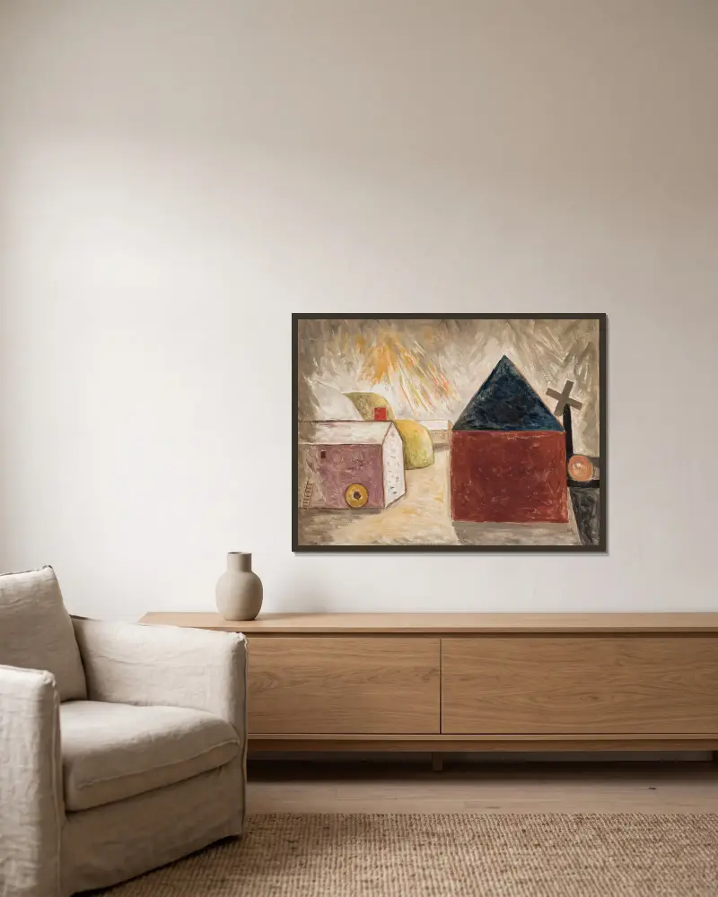 Hinterhof im Sonnenschein von Tadeusz Makowski gerahmt an einer Wand