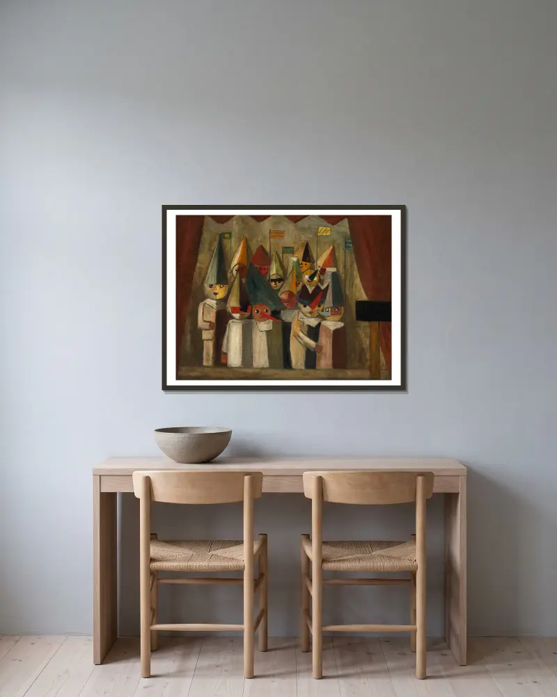 Kindertheater von Tadeusz Makowski gerahmt an einer Wand