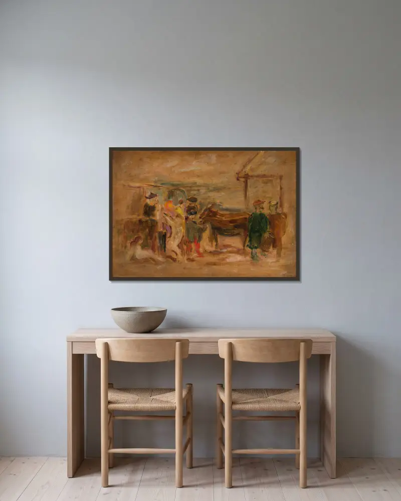 Figurenszene mit Eseln von Tadeusz Makowski gerahmt an einer Wand