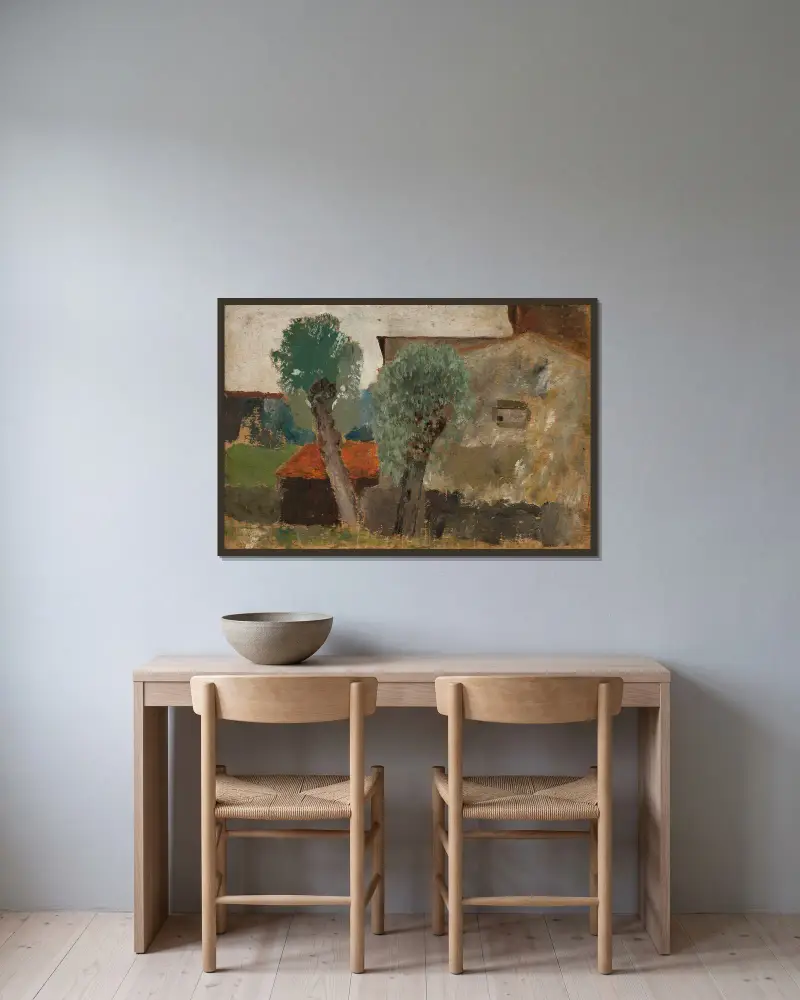 Fragment av ett hus med två träd av Tadeusz Makowski inramad på en vägg