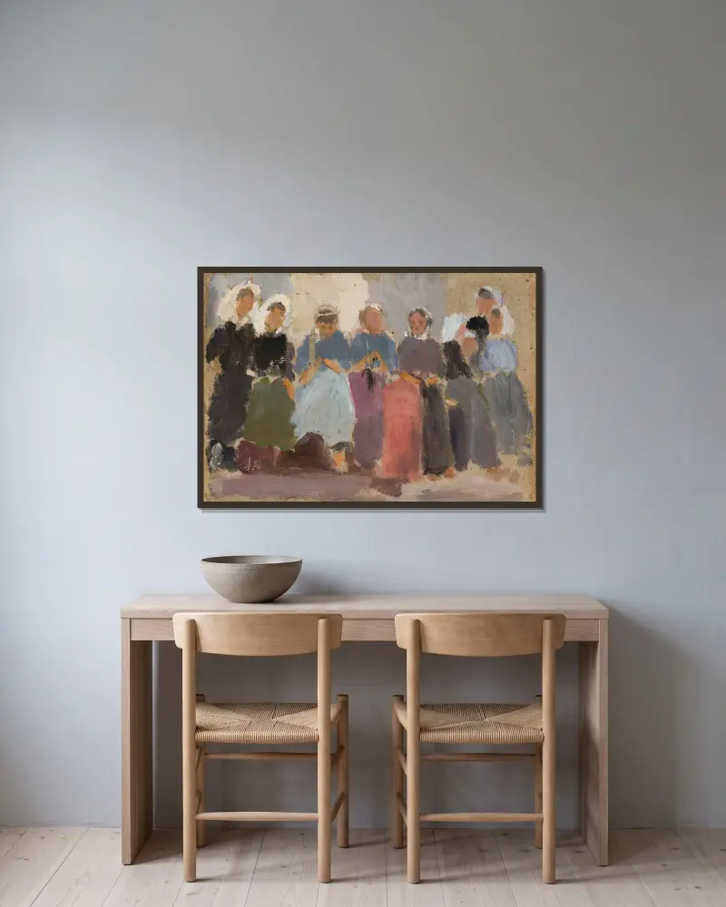 Knitting women – sketch av Tadeusz Makowski inramad på en vägg