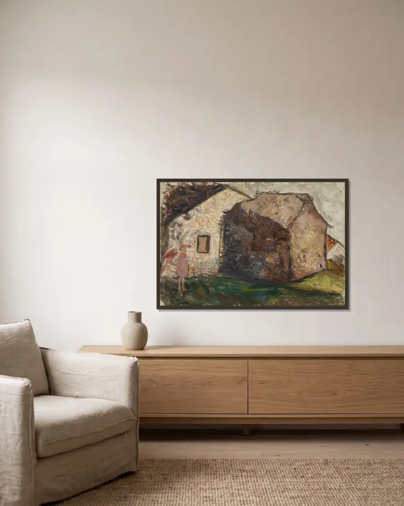 Liten flicka framför ett hus av Tadeusz Makowski inramad på en vägg