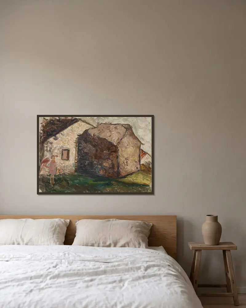 Liten flicka framför ett hus av Tadeusz Makowski inramad på en vägg
