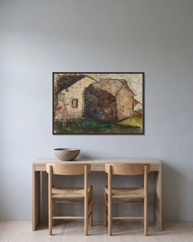 Liten flicka framför ett hus av Tadeusz Makowski inramad på en vägg