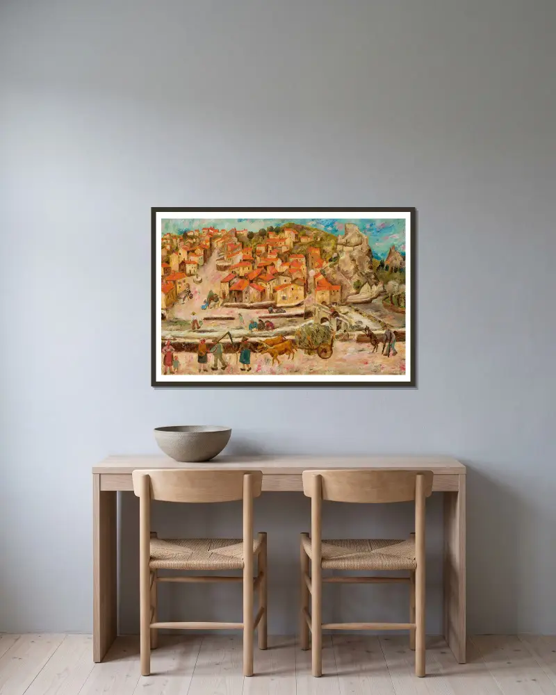 Blick von der Brücke in Espaly von Tadeusz Makowski gerahmt an einer Wand